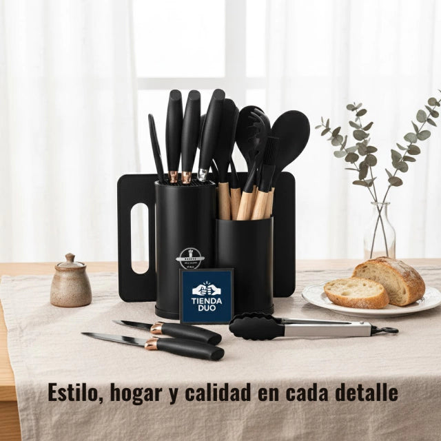 Set Kit Utensilios De Cocina Mango Madera Punta Silicona + Tabla de picar X19